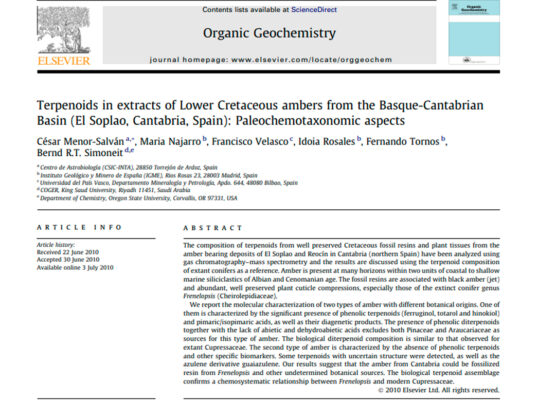 Terpenoids in extracts of Lower Cretaceous ambers from the Basque-Cantabrian Basin (El Soplao, Cantabria, Spain): Paleochemotaxonomic aspects